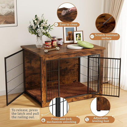 Greesum Modern Dog Crate Furniture That Doubles as a Side Table - Sturdy Wooden Kennel with Double Door Design, Equipped with Soft Cushion & Chew-Resistant Resign, Suitable for Dogs