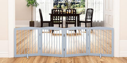 PUPETPO Freestanding Pet Gate for Dogs, Foldable Wooden Dog Gate for House, Indoor Dog Gate for Stair, Doorway, Gates for Dogs Indoor, 80 Inch Wide, 4 Panels 24", Grey