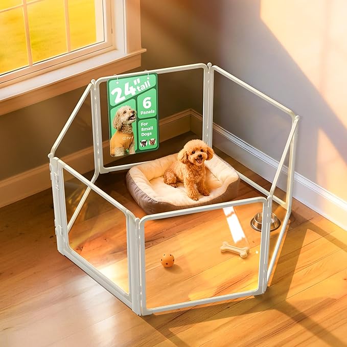FXW AuraSpace Pro Acrylic Indoor Dog Playpen, Heavy-Duty with Metal Frame, 24" Height 6 Panels for Puppies & Small Dogs, White│Patented