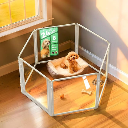FXW AuraSpace Pro Acrylic Indoor Dog Playpen, Heavy-Duty with Metal Frame, 24" Height 6 Panels for Puppies & Small Dogs, White│Patented