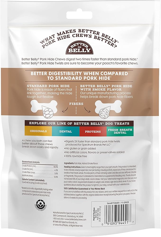 Better Belly Highly Digestible Rawhide Twist Sticks Chews, Treat Your Dog to a Chew with NO Artificial Colors or Flavors 25 Count (Pack of 24)