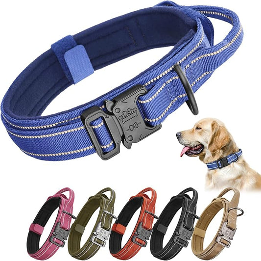 KCUCOP Tactical Dog Collar for Medium & Large Dogs - Military Nylon Heavy Duty Collar with Handle, Reflective Strip & Metal Buckle for Training, Outdoor (Dark Blue Reflective, Large)