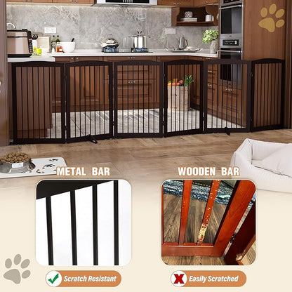 PUPETPO Freestanding Pet Gate for Dogs, Indoor Wooden Foldable Dog Gate for House, Extra Wide, Pet Fence for Stairs, Doorways, Halls, Support Feet Included, 120 Inch Wide, 6 Panels 32",Brown