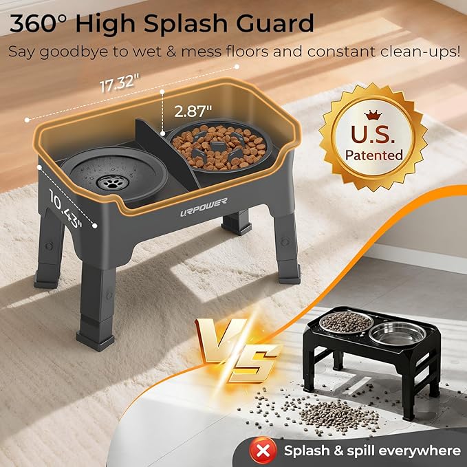 URPOWER Mess Proof Elevated Dog Bowls 4 Height Adjustable Raised Stand with No Spill Water Bowl and Slow Feeder Dog Bowls Non-Slip Food and Water Bowl Set for Small, Medium & Large Dogs