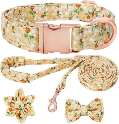 Dog Collar and Leash Set Girls Adjustable Puppy Collars with Floral Bow Tie for Small Medium Large Female Dogs, YellowFlower, M