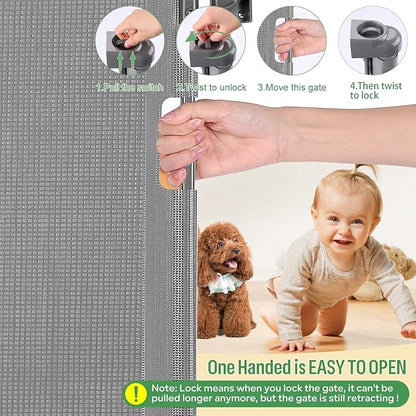 Retractable Baby Gate, Extra Wide Safety Kids or Pets Gate, 33” Tall, Extends to 55” Wide, Mesh Safety Dog Gate for Stairs, Indoor, Outdoor, Doorways, Hallways(33”x55”- Grey)