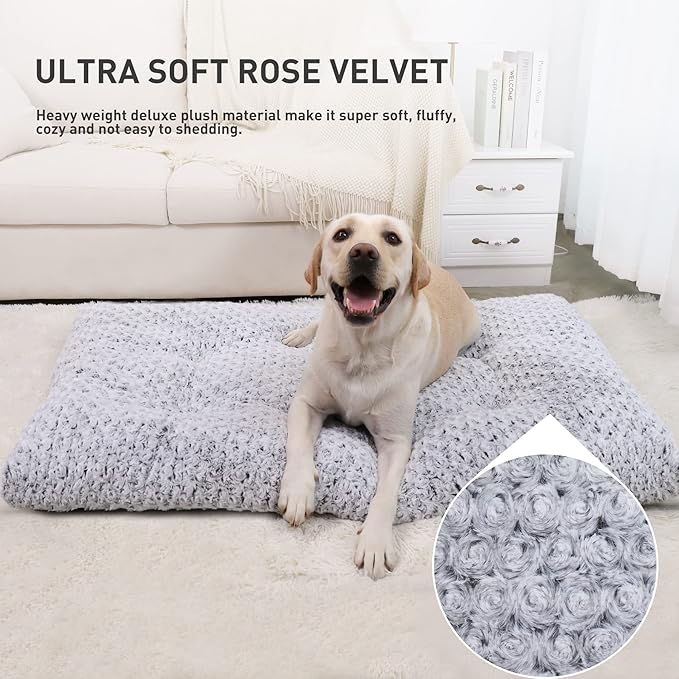 KSIIA Washable Dog Bed Deluxe Plush Dog Crate Pad Comfy Pet Bed Non-Slip Kennel Pad for Large Dogs, 36" x 27", Grey