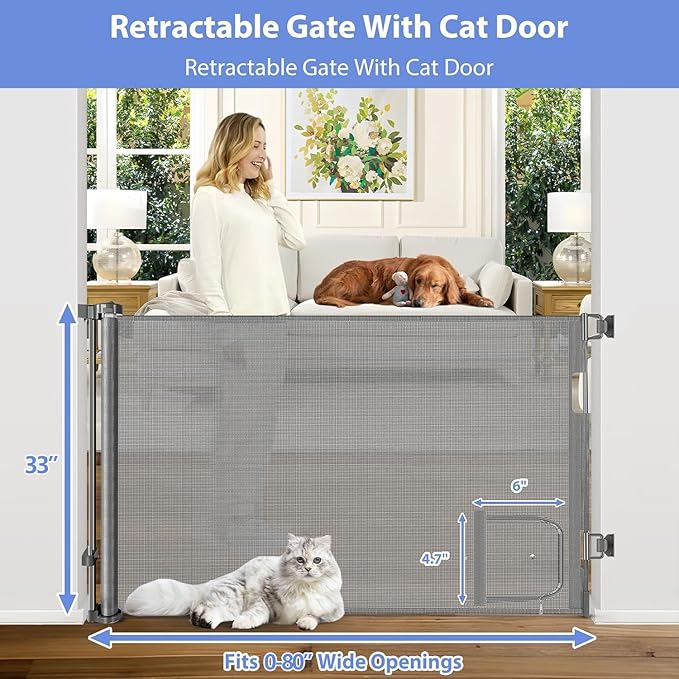 Retractable Baby Gates with Cat Door 80" Wide Retractable Dog Gate with Pet Door Outdoor Retractable Gate for Dogs Retractable Pet Gate with Door Mesh Baby Gate Retractable Mesh Dog Gate (Gray)