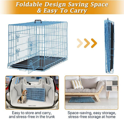 Dog Crate, Folding Portable Outdoor Large Two Door Metal Cat Dog Cage with ABS Tray LC Panel Floor Protecting Feet Wire Animal Pet Dog Kennel with Divider