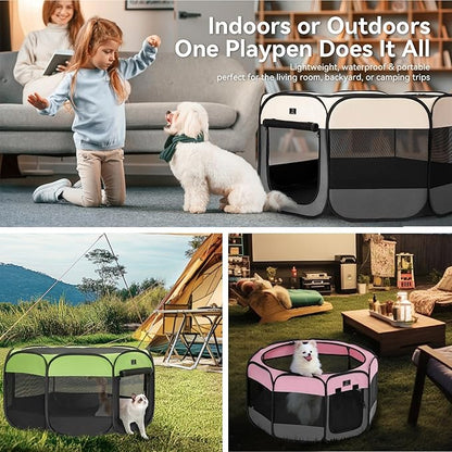 Dog Playpen for Small Dogs & Puppies, 40.55" Portable Indoor Outdoor Puppy Playpen with Bowl, Waterproof Floor, Foldable Pop-Up Pet Pen for Home, Travel & Daily Use, Grey+Beige