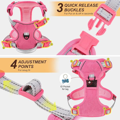 BEAUTYZOO No Pull Dog Harness Large, Adjustable Dog Harness and Leash Set -Easy Wearing with 3 Buckles/Control Handle,No Choke Soft Padded Reflective Pet Vest for Training Walking Hiking,Rose XL