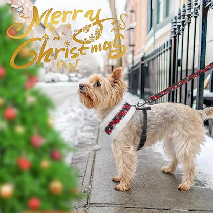SCENEREAL Dog Christmas Harness Collar and Leash Set, Warm Fleece No Pull Puppy Vest Harnesses No Chock Adjustable Small Pet Halter for Outdoor Walking Training, Black Red Plaid XS