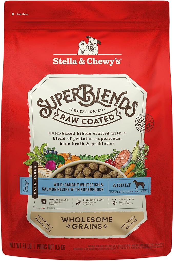 Stella & Chewy's SuperBlends Raw Coated Wholesome Grains Wild-Caught Whitefish & Salmon Recipe with Superfoods, 21 lb. Bag