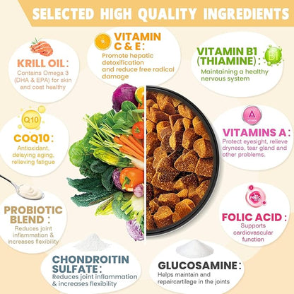 24-in-1 Dog Vitamins and Supplements 200 Ct Dogs Multivitamin Chewable Contain Chondroitin Probiotics Omega-3 Glucosamine for Dogs Skin Coat Heart Joint Gut Liver Brain Eyes Immune Support - Chicken