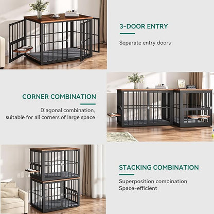 88.6" Large Dog Crate Furniture, Wooden Dog Kennel with Bowls & 3 Doors, Double Crate Furniture TV Stand for Medium Large Dogs, Brown