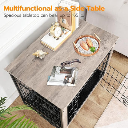 HOOBRO Dog Crate Furniture, 32.5" Medium Dog Kennel Indoor, Wooden Cage with Pull-Out Tray, Double Doors Pet House Side End Table for Medium/Small Dogs, Greige BG802GW03