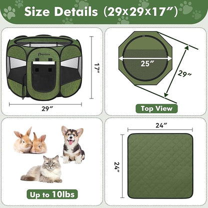 Dog Cat Playpen Indoor Outdoor for Puppy Pet Dogs Cat Recovery After Surgery, Dog Tent Crates Cage Indoor/Outdoor, Portable Pop Up Kennel with Carrying Case for Travel (Premium Green with Pad, Small)