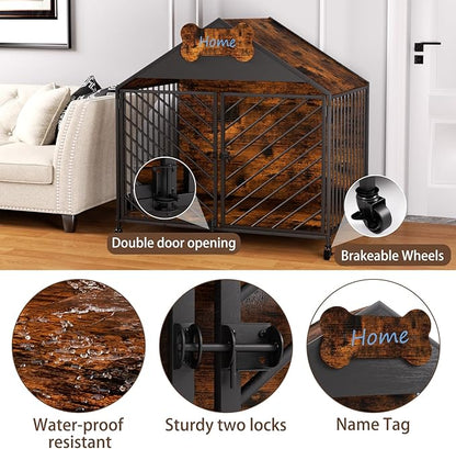 Heavy Duty Dog Crate Furniture for Large Breeds, 39.4" XXL Indoor Wooden Dog Kennel with Gable Roof, Escape Proof Double Door & Chew Proof Metal Cage for German Shepherd/Labrador, Rustic Brown