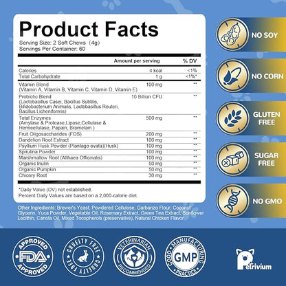 Probiotics for Dogs with Enzymes & Fiber Blend Supports Gut Health, Yeast Balance, Allergies, Itchy Skin, Boost Immune - Natural Probiotic Supplement for Digestive, Diarrhea, Gas, Constipation,120Ct