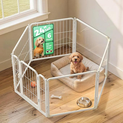 FXW AuraSpace Pro Acrylic & Wire Mesh Indoor Dog Playpen, 24" Height 6 Panels Metal Dog Pen for Puppies & Small Dogs, White│Patented