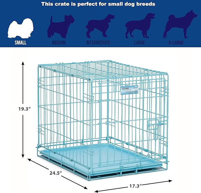 MidWest Homes for Pets 24-Inch Blue Fashion iCrate for Small Breeds, 12-20 lbs, Single Door Folding Dog Crate with Divider Panel, Leak-Proof Tray & Secure Latch, Portable, Durable & Easy to Assemble