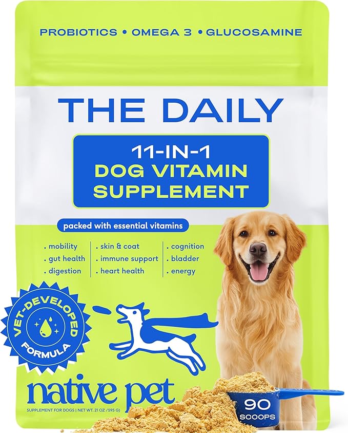 Native Pet The Daily Dog Vitamins & Supplements - 11-in-1 Multivitamin Powder for Dogs - Supports Whole Body Health, Digestion, Mobility & Immunity with Collagen, Glucosamine & Probiotics – 90 Scoops