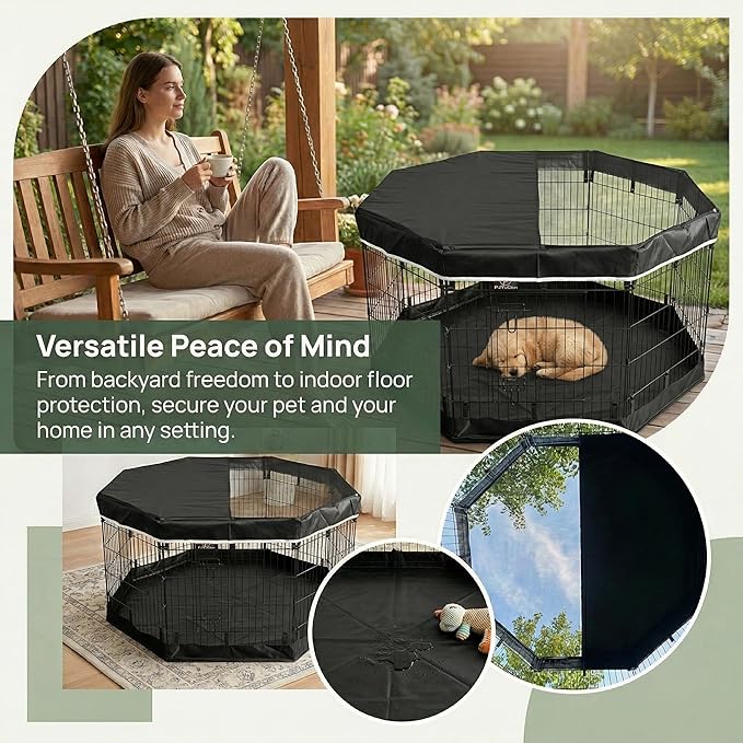 PJYuCien Dog Playpen with Top Cover and Bottom Pad - Metal Foldable Exercise Pen, 8 Panels 24" H x 24" W Indoor Outdoor Pet Fence Puppy Crate Kennel, Black