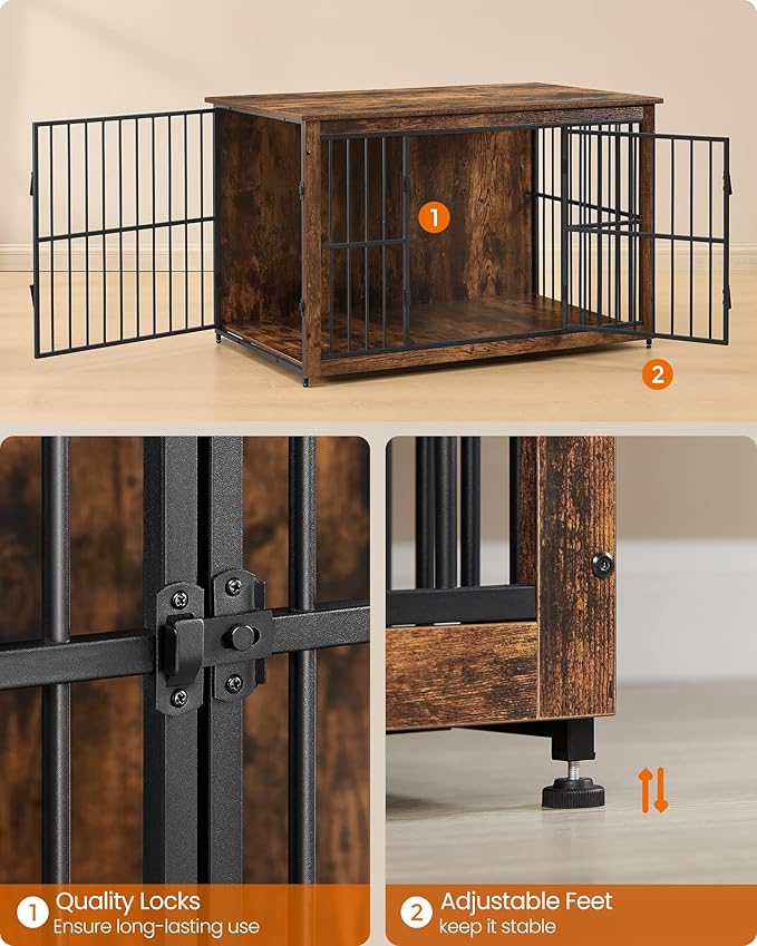 Feandrea Wooden Dog Crate Furniture, 48 Inches Heavy-Duty Kennel for Dogs up to 110 lb, with Double Doors and Enclosed Wood Base, Modern Pet Cage End Table Indoor, Rustic Brown
