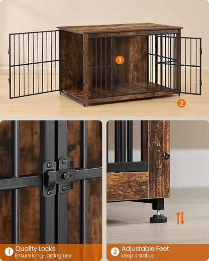 Feandrea Wooden Dog Crate Furniture, 48 Inches Heavy-Duty Kennel for Dogs up to 110 lb, with Double Doors and Enclosed Wood Base, Modern Pet Cage End Table Indoor, Rustic Brown