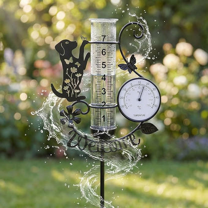 Rain Gauge Outdoor with Thermometer, 7" Capacity Detachable Rain Gauges Outdoors Best Rated with Stake, Cute Dog with Flowers & Butterflies Design Decorative for Garden Yard, Easy-Read Durable