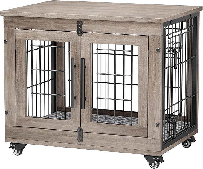 YaFiti Dog Crate Furniture with Cushion, Wooden Dog Kennel Indoor with Double Doors, Dog Cage with Wheels, Dog House Side End Table for Small Dogs up to 30 lb, 27.2" L, Grey