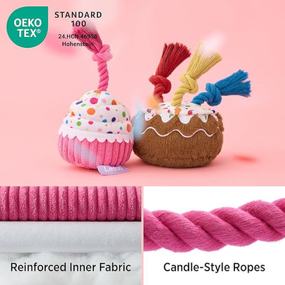 LE SURE Dog Birthday Cake Toy - Cute Squeaky Dog Toy for Gentle Chewers with Interactive Tug Rope, Plush Interactive Toy for Adult Dogs Birthday Party, Standard, Pink