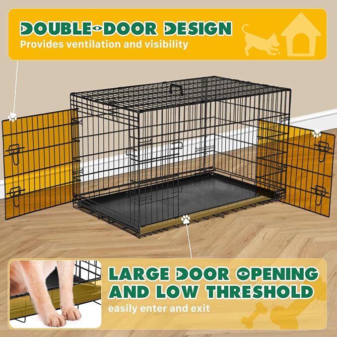 DUMOS Dog Crate, 36 Inch Medium Double Door Dog Cage with Plastic Leak-Proof Pan Tray, Folding Metal Wire Pet Kennel for Indoor, Outdoor, Travel, Black