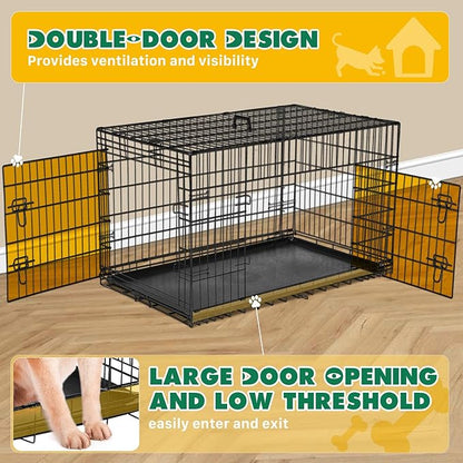 DUMOS Dog Crate, 48 Inch Large Double Door Dog Cage with Plastic Leak-Proof Pan Tray, Folding Extra Large Size Metal Wire Pet Kennel for Indoor, Outdoor, Travel