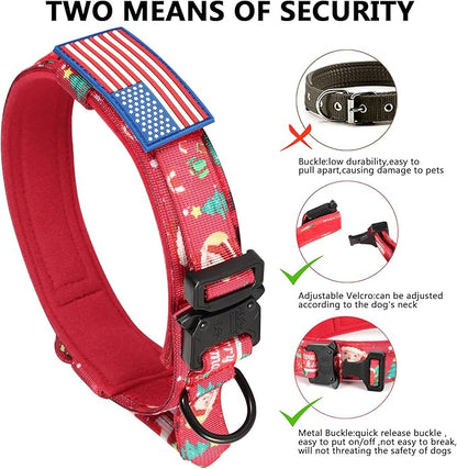 DAGANXI Christmas Tactical Dog Collar, Adjustable Military Training Nylon Dog Collar with Control Handle and Metal Buckle for Medium and Large Dogs, with Patches and Airtags Case (M, Christmas red)