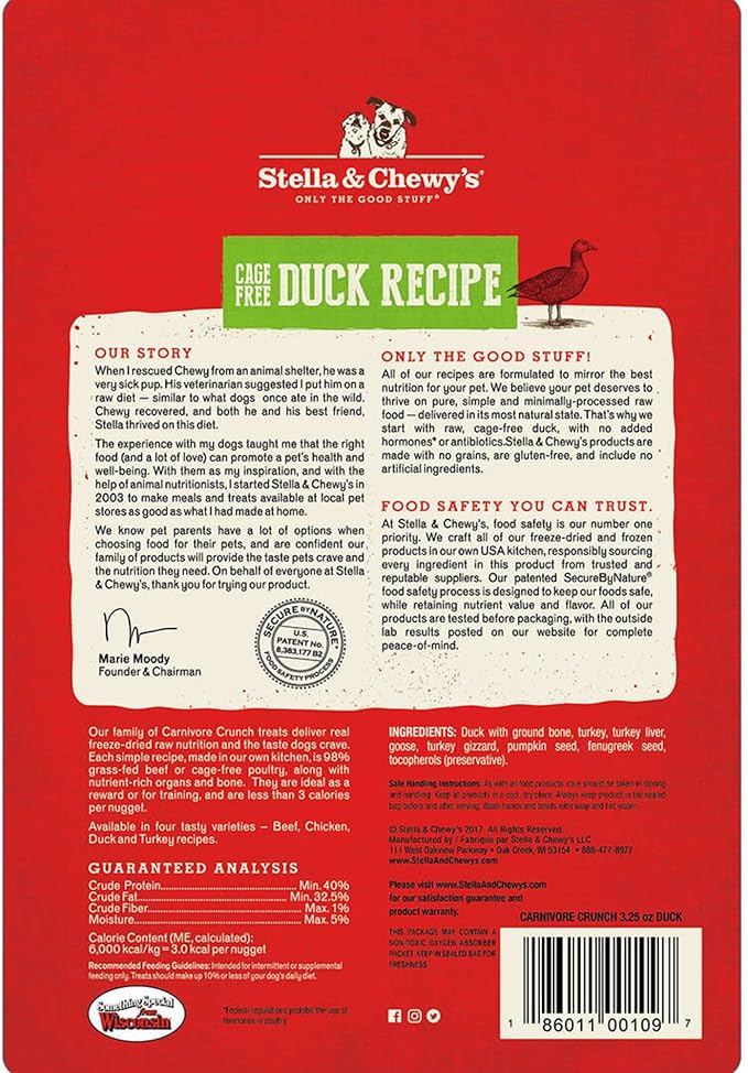 Stella & Chewy's Freeze-Dried Raw Dog Treats - Carnivore Crunch for Training - Natural Limited Ingredient, Grain-Free - Perfect for Picky Eaters - Duck Recipe - 3.25 oz Bag