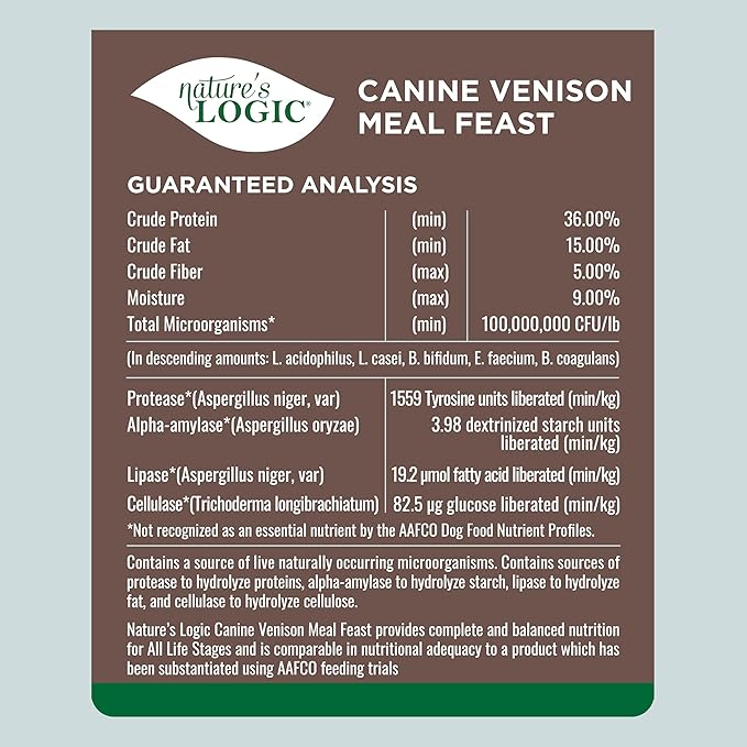 Nature's Logic Dry Dog Food - 100% Natural - No Synthetics - for All Ages, Sizes, Breeds - Free from Common Allergens, High Protein - Venison Meal Feast, 25lbs
