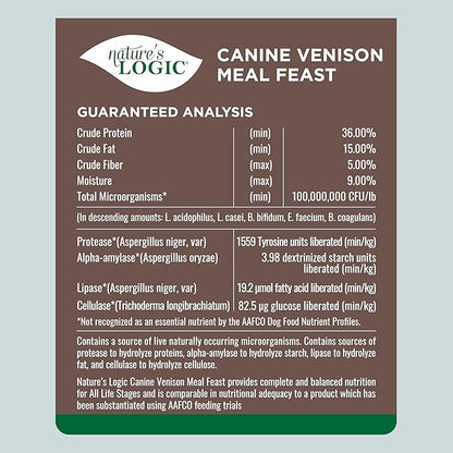 Nature's Logic Dry Dog Food - 100% Natural - No Synthetics - for All Ages, Sizes, Breeds - Free from Common Allergens, High Protein - Venison Meal Feast, 25lbs