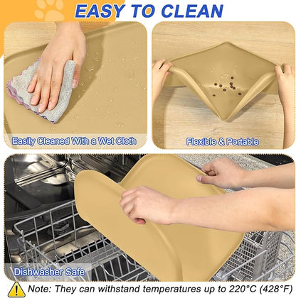 SMILOOL Silicone Pet Feeding Mat with Raised Edge for Food and Water, Dog Bowl Mats, Cat Bowls Placemat with High Lip for Floor Waterproof, Rubber Tray for Cats and Dogs 19 x 12 x0.7 Dark Beige