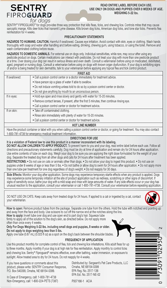 Sentry Fiproguard for Dogs, Flea and Tick Prevention for Dogs (5-22 Pounds), Includes 3 Month Supply of Topical Flea Treatments