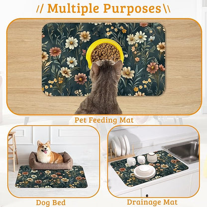 Dog Bowl Mat,Brown Flowers Pet Feeding Mat for Floors Waterproof,White Absorbent Dogs Placemat for Food and Water Quick Dry Pet Cat Feeding Mats with Non Slip Bottom 12" x 20"