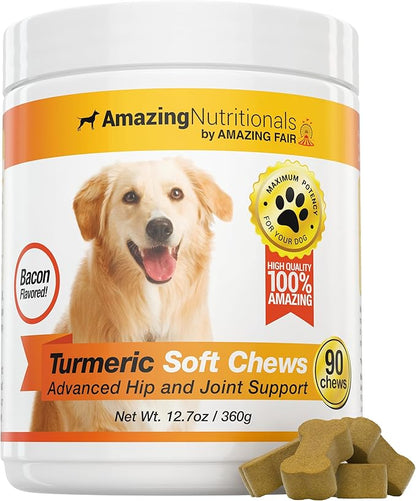 Amazing Turmeric for Dogs Curcumin Pet Antioxidant - Eliminates Joint Pain Inflammation, 90 Bacon Soft Chews