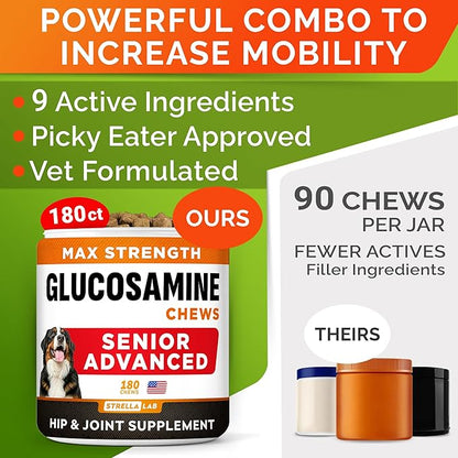 Senior Advanced Glucosamine Chondroitin Joint Supplement for Dogs - Hip & Joint Pain Relief Pills - Large & Small Breed - Hip Joint Chews Canine Joint Health - Chews Older Dogs - Bacon Flavor - 180Ct