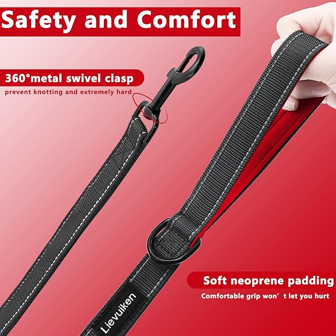 Dog Leash 6.5ft Long, Double Handle Dog Leash for Safety Control Training, Heavy Duty Dog Leads with Traffic Padded Handles, Reflective Leashes for Small Medium Large Dogs(6.5ft, Black Red)