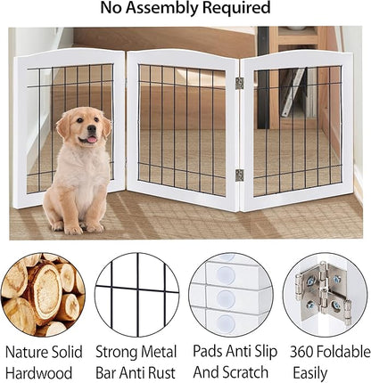 LZRS 3-Panel Freestanding Foldable Wooden Dog Gate –Solid Wood & Steel Wire Chew-Resistant Indoor Safety Pet Fence for Doorways & Stairs, Ideal for Small to Medium Dogs & Puppies, White