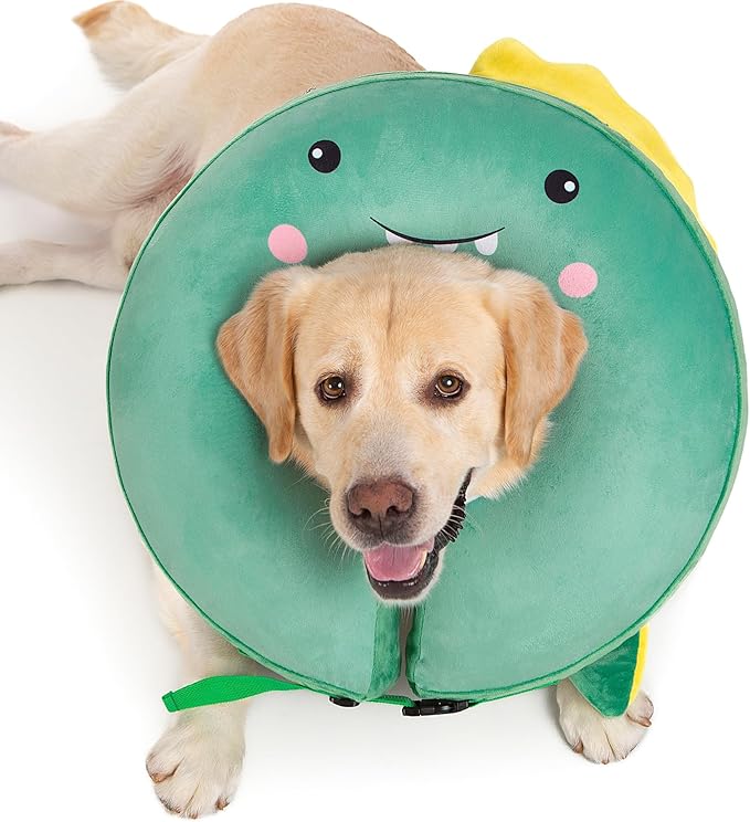 Dog Cone Inflatable Widen Dog Neck Donut Collar, Soft Cone Alternative After Surgery for Large Medium Small Dogs to Stop Licking, Dinosaur, Large