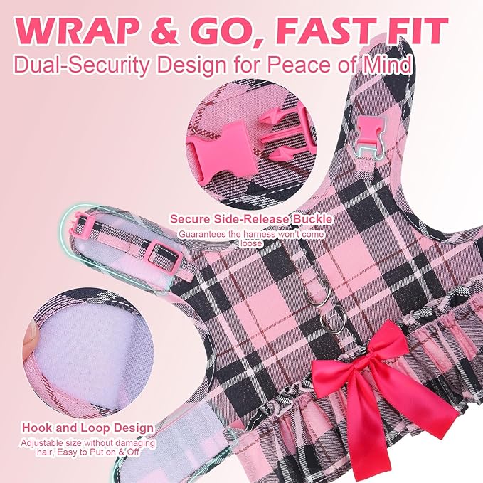 EXPAWLORER Dog Harness Small Medium Sized Dogs, Plaid Dog Dress Bowknot Harness and Leash Set, No Choke No Pull Soft Mesh Vest Cute Princess Puppy Outfits Clothes Costume for Girls Party Cats Pink XS