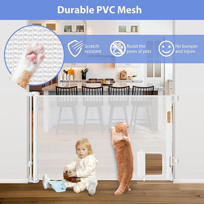 Retractable Baby Gates with Cat Door 80" Wide Retractable Dog Gate with Pet Door Outdoor Retractable Gate for Dogs Retractable Pet Gate with Door Mesh Baby Gate Retractable Mesh Dog Gate (White)