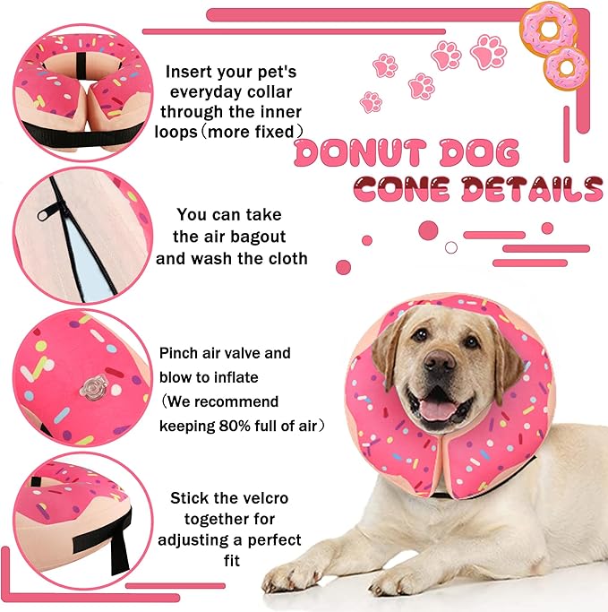 Inflatable Cone Collar for Large Medium Small Dogs, Soft Adjustable Recovery Collar for Dogs Cats,Dog Cone Neck Donut Alternative After Surgery(Pink,X-Large