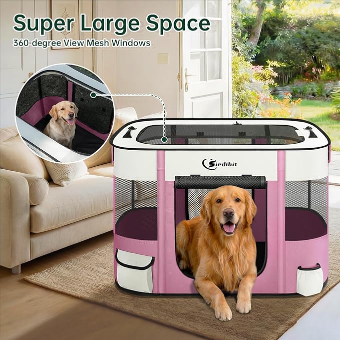 Dog Playpen,Cat Pet Puppy Pen,Portable Playpens for Dogs Indoor Outdoor Travel Camping Use,Foldable Dog Kennel Tent Crate for Rabbit Small Animals with Carrying Case (Pink, Large)